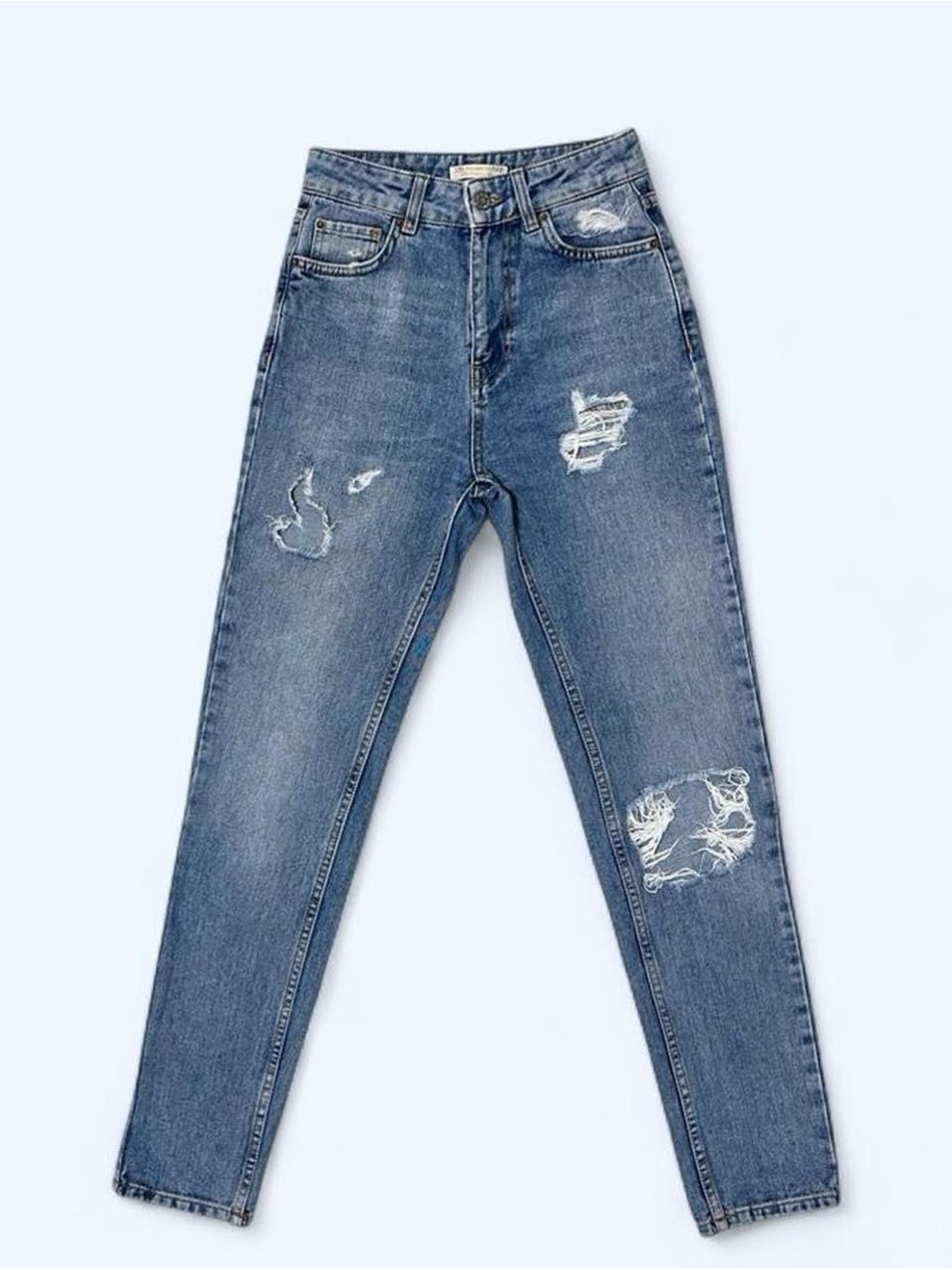 Pull&Bear Mid-Rise Distressed Blue Denim Mom Jeans XS